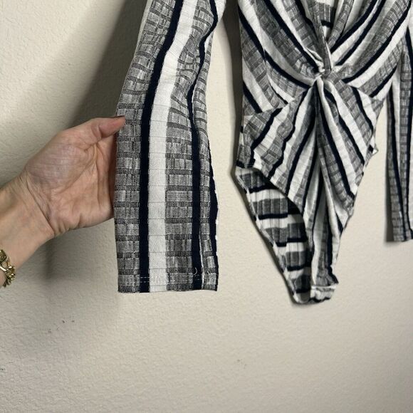 Astr Black White and Gray Striped Twist Front Plunge Neck Bodysuit M - Picture 5 of 11